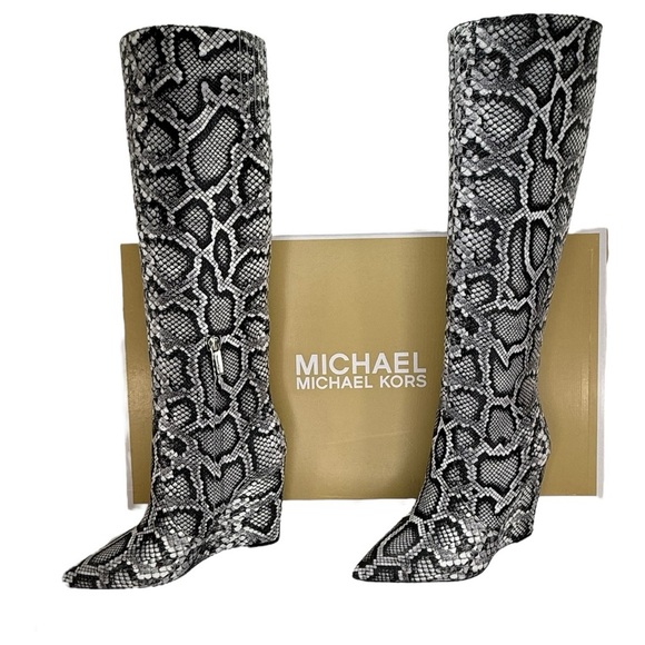 Michael Kors Isra Snake Embossed Leather Womens Wedge Knee High Boots Size 5.5M - Picture 2 of 14